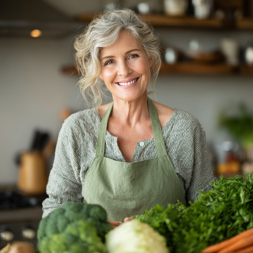 Confident mature woman in her early 50s with graying hair smiling while preparing fresh vegetables in a modern kitchen, wearing a light green apron, natural lighting