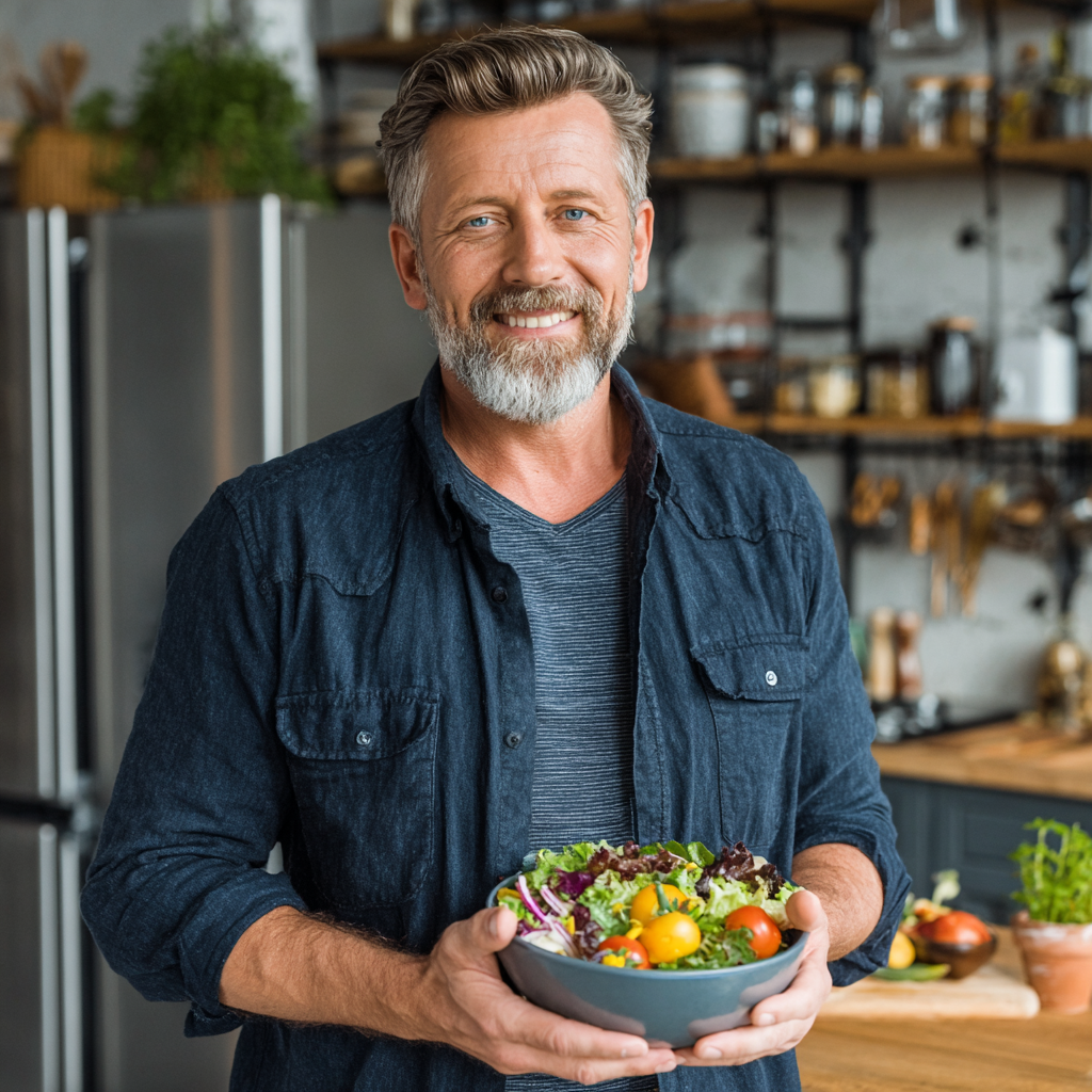 Happy middle-aged man around 45 years old with salt-and-pepper beard smiling while holding a colorful salad bowl in a bright modern kitchen, wearing a casual navy blue shirt, natural daylight